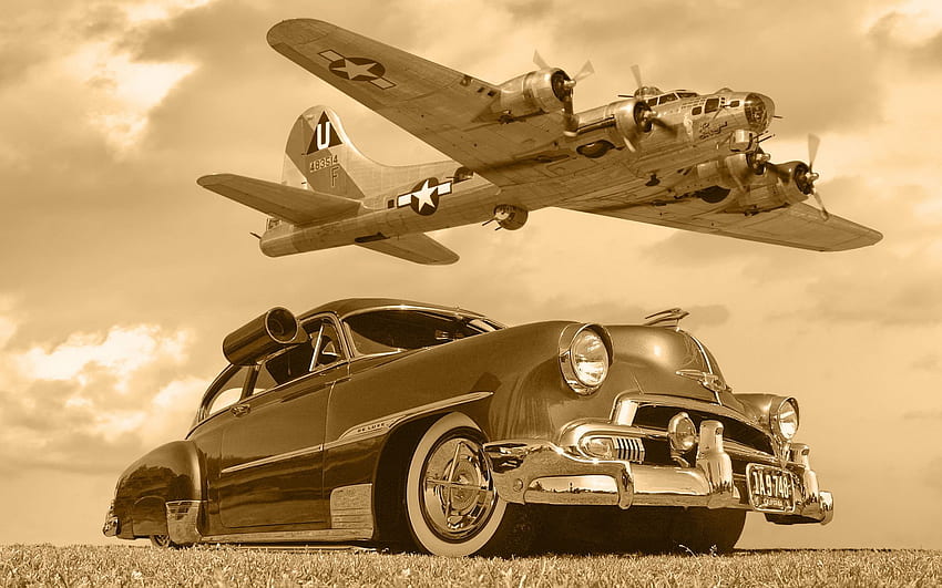 Chevrolet, B17, Auto, Flugzeug, Flugzeuge, Lowrider, Klassik, Militär, Flug, Fliege, Sepia, Monochrom, Himmel, Wolken / und beweglicher Hintergrund, Vintage-Flugzeug HD-Hintergrundbild