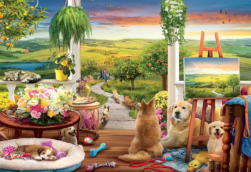 Cozy Front Porch, house, table, chair, painting, dogs, veranda, cat HD wallpaper