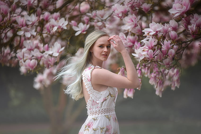 Women, outdoor, blossom, girl model HD wallpaper