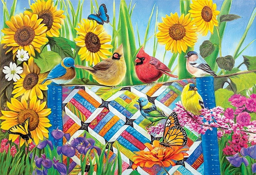Quilt for the Birds, birds, sunflowers, animals, quilt, yellow HD wallpaper
