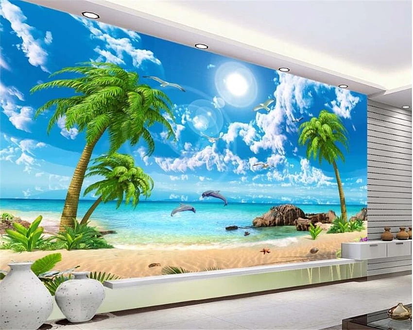 beibehang 3D Beautiful Dream Sea View Coconut Beach Landscape TV Wall Background papel de parede tapety. paisagem . 3D papel de parede HD