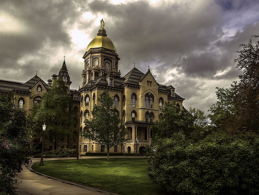 Indiana, Notre Dame University, USA, trees, clouds, dusk HD wallpaper