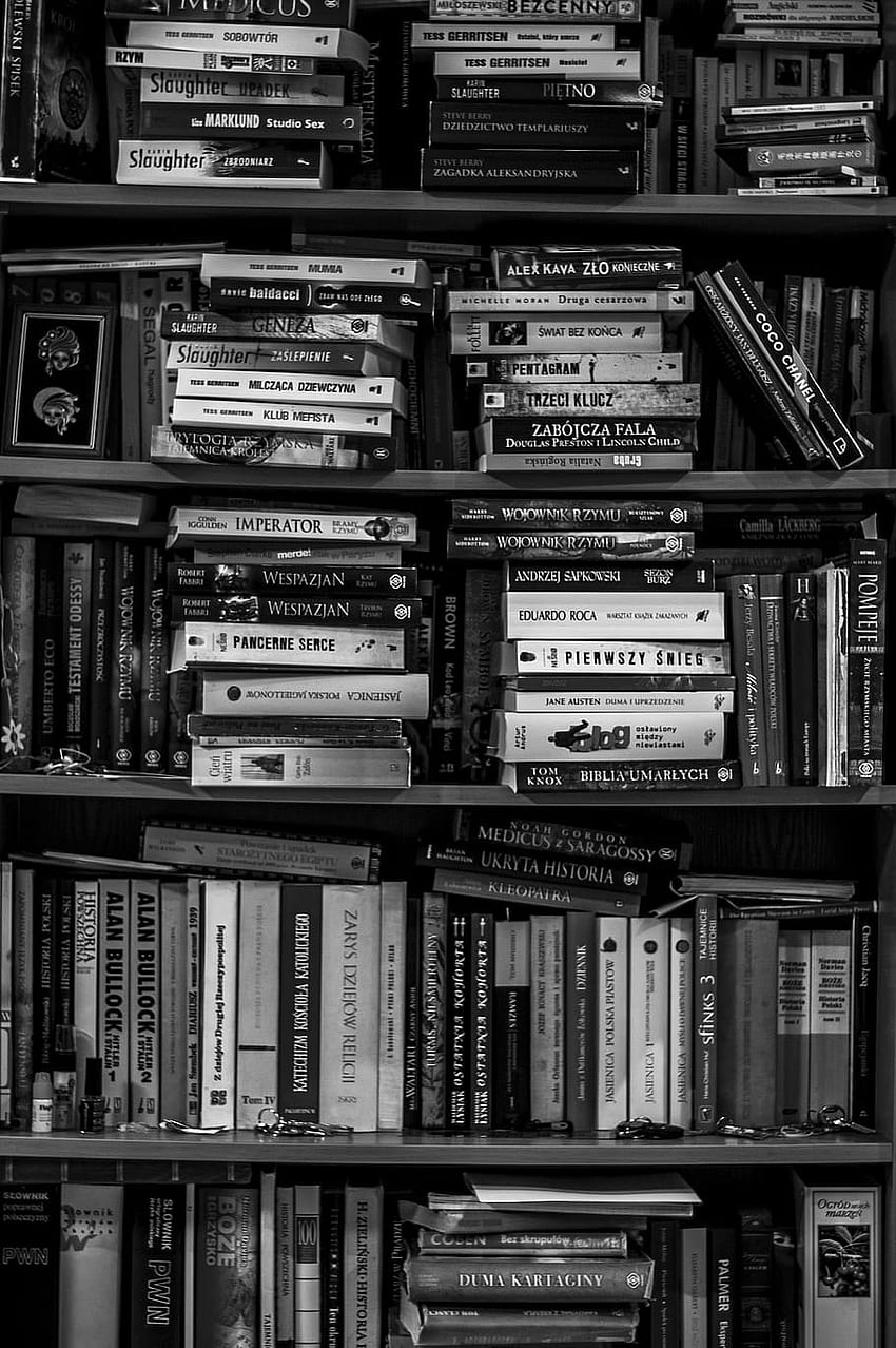 : Full Frame Shot Of Shelf, Black And White, Bookcase HD phone wallpaper