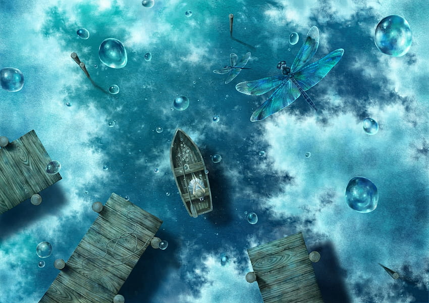 :), anime, dragonfly, water, manga, sea, boat, kazami ehoh, rain, view from the top, summer, vara HD wallpaper