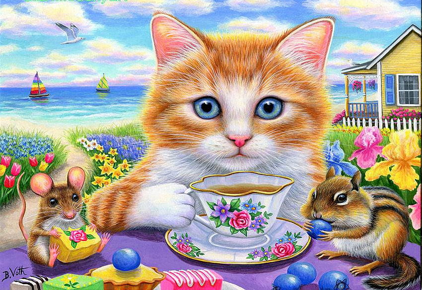 Tea By The Sea, kitten, mouse, lake, house, skipmunk HD wallpaper