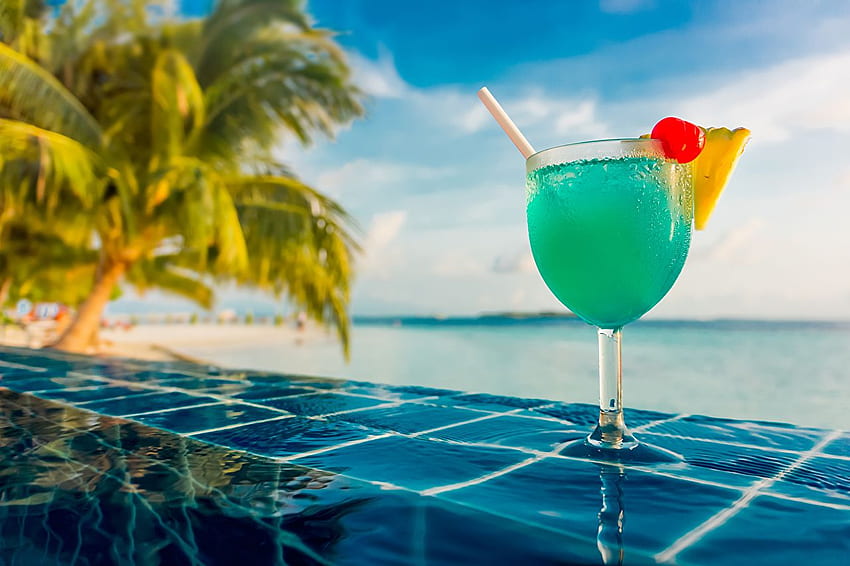 Sea Summer Tropics palm trees Food Stemware Cocktail Drinks HD wallpaper
