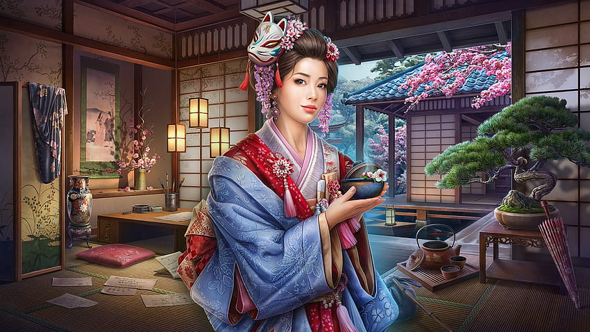 Sakura, art, , beautiful, geisha, girl, hidden city, woman, digital, fantasy HD wallpaper