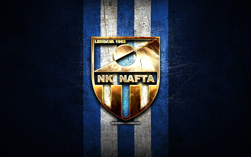 Nafta FC, golden logo, Prva liga, blue metal background, football, Slovenian football club, NK Nafta 1903 logo, soccer, Slovenia, NK Nafta 1903 HD wallpaper