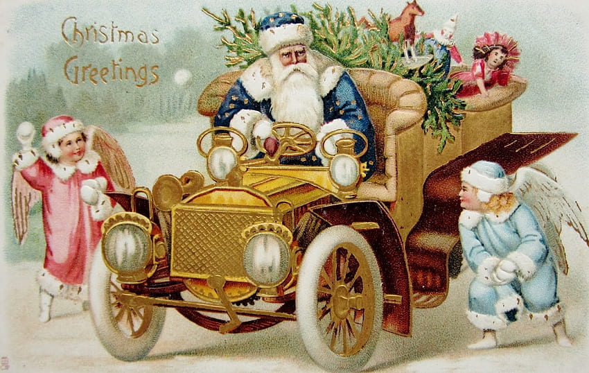 サンタ、ヴィンテージ、車、craciun、クリスマス、カード 高画質の壁紙