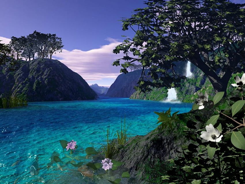 Tropical_Dream_Life、滝、木々、花、水 高画質の壁紙