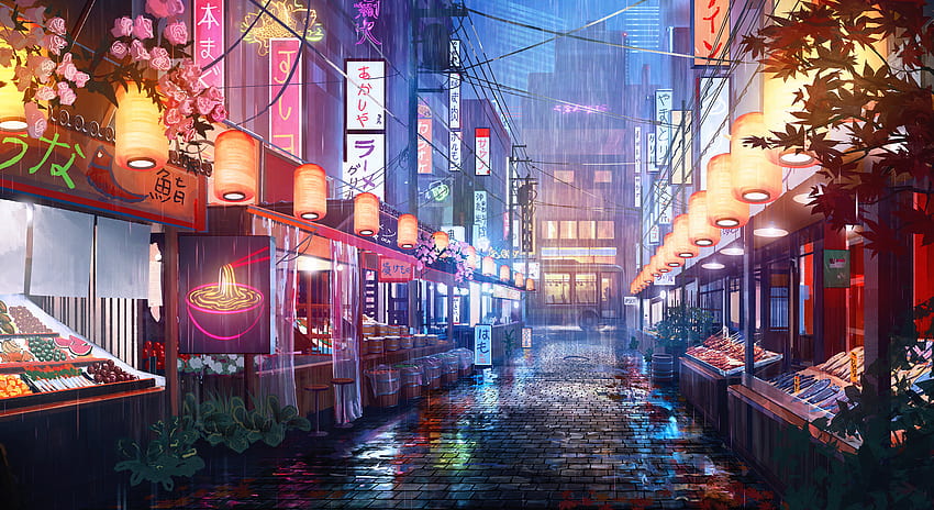 Dijital Sanat Japon Sanatı Gece Sokak Yağmur Market Surendra Rajawat - Çözünürlük:, Japon Dijital Sanatı HD duvar kağıdı