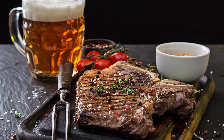Dinner, beer, food, meat HD wallpaper