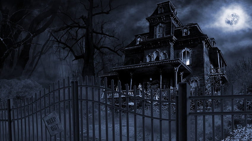 Haus auf Spukhügel. Viktorianisches Puppenhaus, Halloween-Haus und Leuchtturm, Gruselhaus HD-Hintergrundbild