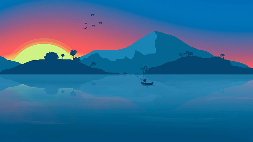Minimaliste, lever de soleil, nature, eau, bateau, réflexion, calme • For You For & Mobile Fond d'écran HD