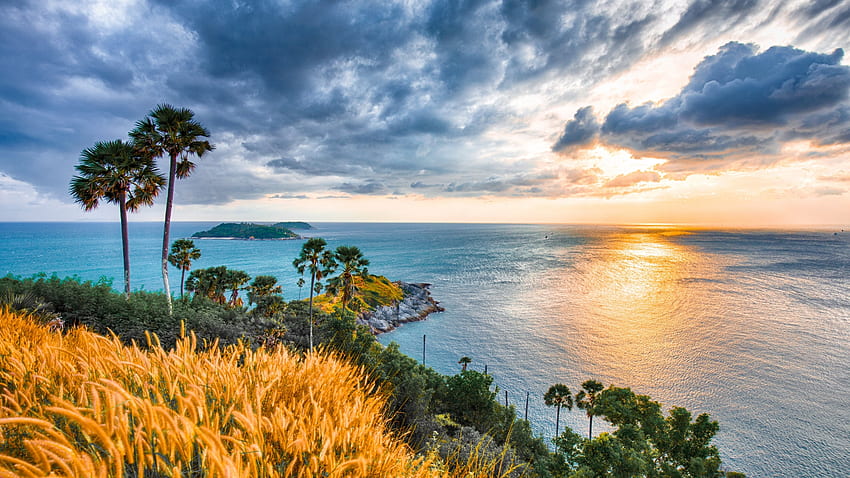 Phuket, Thailand, sky, coast, sea, clouds, sun, palm trees HD wallpaper