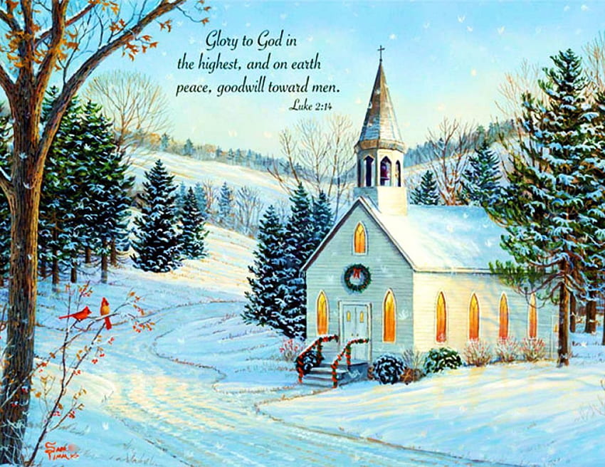 Kościół Bożego Narodzenia, zima, grafika, dekoracja, malarstwo, jodły, śnieg, drzewo, kardynałowie Tapeta HD