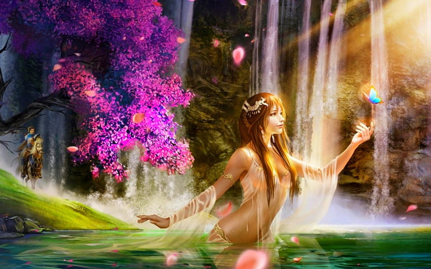 Enchanteur, arbres, cascades, fantaisie, femme Fond d'écran HD
