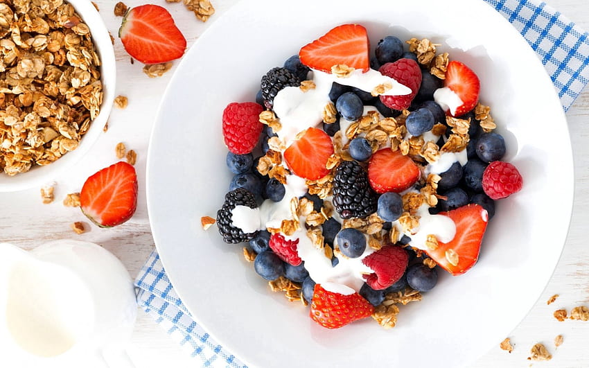 Food, Strawberry, Blueberry, Raspberry, Berries, Blackberry, Plate, Yogurt, Yoghurt HD wallpaper