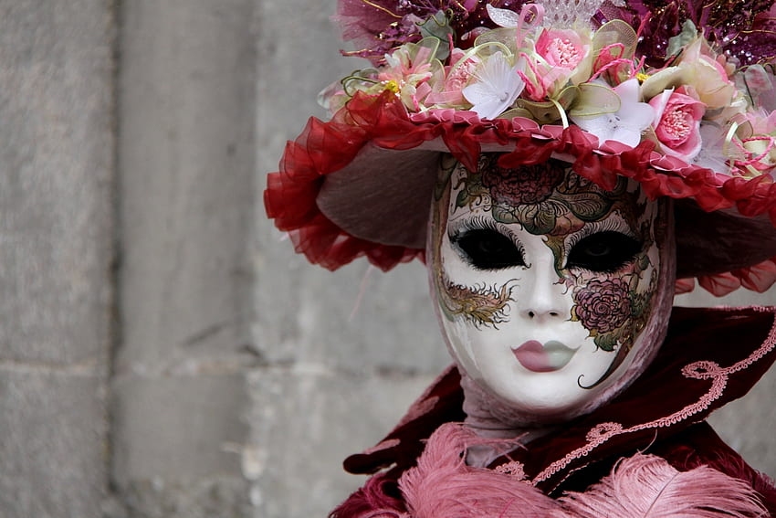 Venice Carnival, pink, venice, mask, carnival, flower, girl, hat, woman HD wallpaper