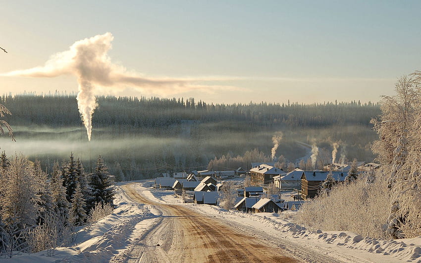 Winter, Natur, Häuser, Rauch, Straße, Dorf, Land, Landschaft, Feuerraum, Ofen HD-Hintergrundbild