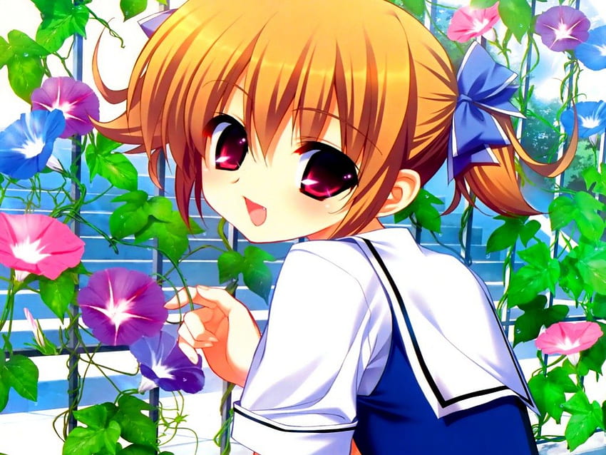 Irisu Makina, süß, grisaia no kajitsu, süß, Mädchen, blaues Band, Anime, hübsch, kurze Haare, braune Haare, Blumen, rosa Augen HD-Hintergrundbild