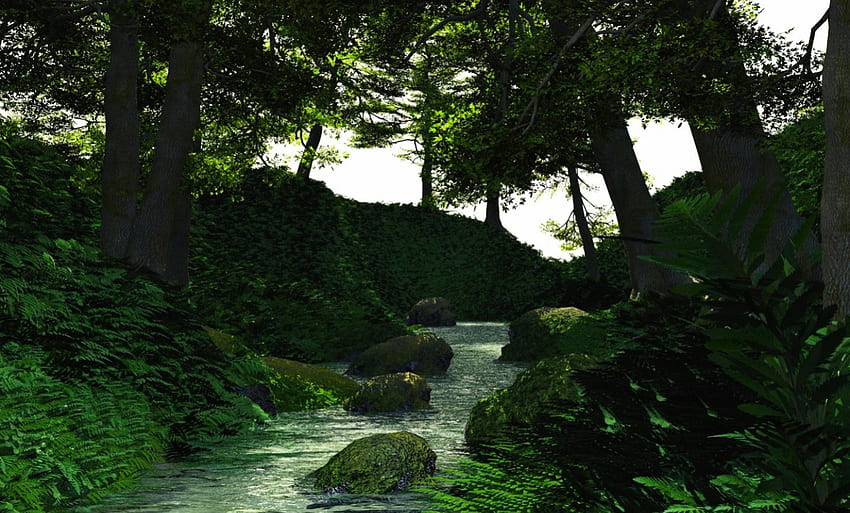 río, árboles, bosque, verde fondo de pantalla