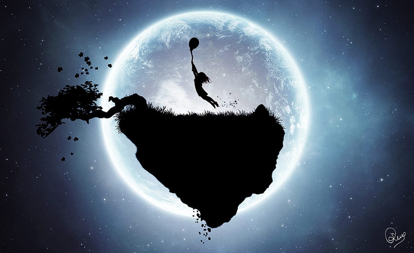 우주 나무 달 실루엣 초현실적인 판타지 아트 플로팅 아일랜드 – 추상 판타지 HD 월페이퍼