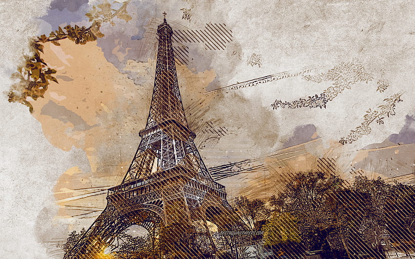 Айфелова кула, Париж, Франция, гръндж изкуство, творческо изкуство, рисувана Айфелова кула, рисунка, абстракция на Айфеловата кула, дигитално изкуство, рисуван Париж за с разделителна способност. Високо качество, парижки акварел HD тапет