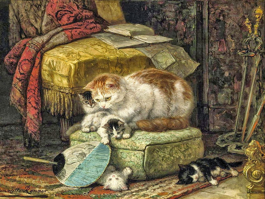 고양이, pisica, 새끼 고양이, , pictura, henriette ronner knip, 고양이, luminos HD 월페이퍼
