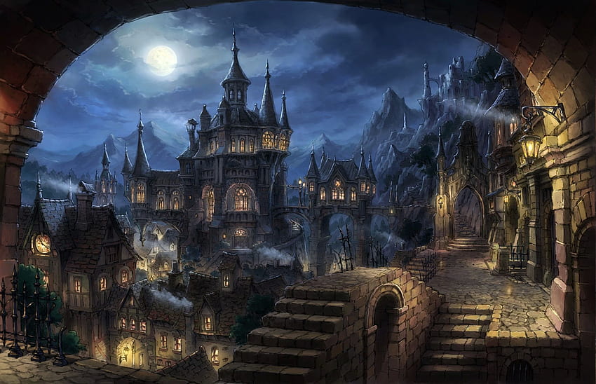 Paisagem urbana da noite da lua cheia da vila da cidade da montanha, paisagem medieval escura, escura papel de parede HD