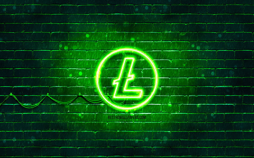 Litecoin green logo, , green brickwall, Litecoin logo, cryptocurrency, Litecoin neon logo, Litecoin HD wallpaper