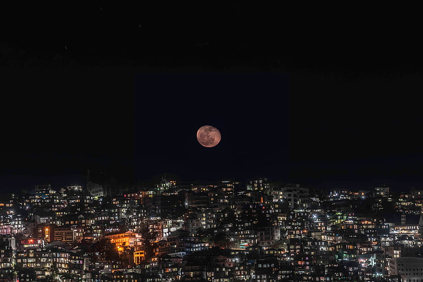 Lua, Cidades, Noite, Cidade Noturna, Escuridão, Lua Cheia papel de parede HD