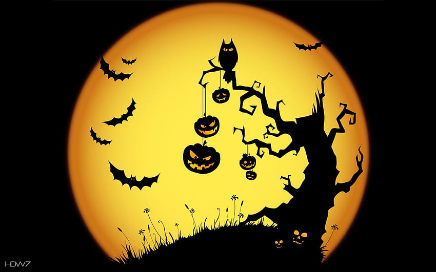 halloween scary night owl bats jack o lanterns tree yellow holiday. gallery HD wallpaper