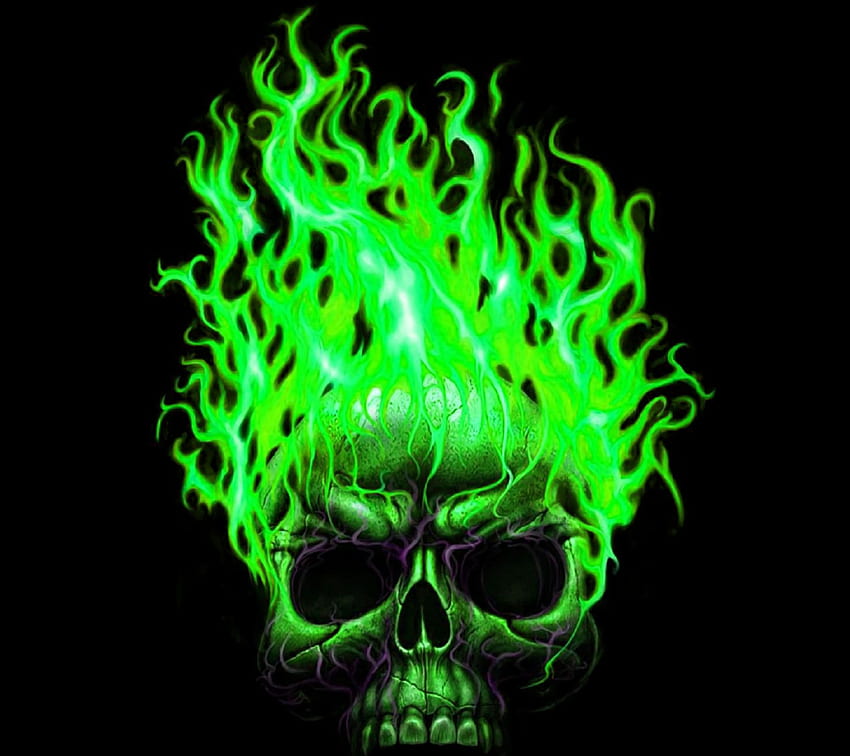 Fire Skull, Green Flames HD wallpaper