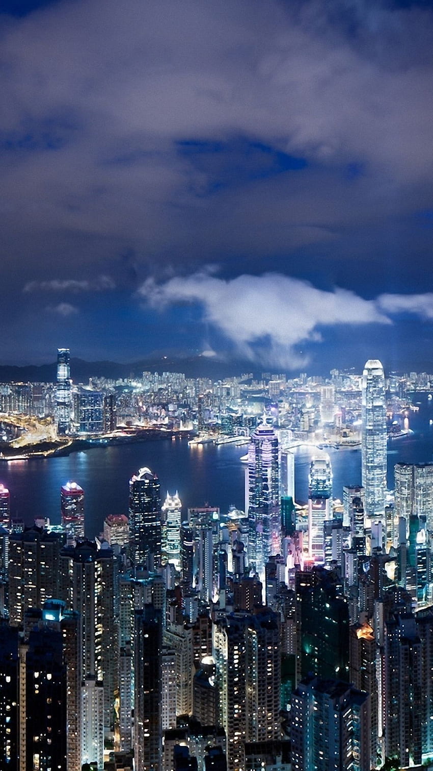 Pencakar langit metropolis malam Cina Hong Kong menerangi iPhone 8 wallpaper ponsel HD