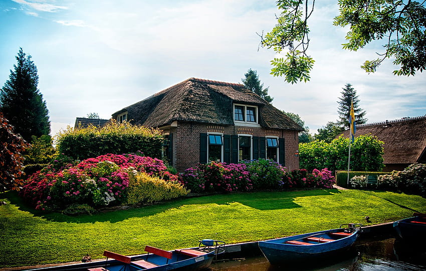 hijau, langit, rumput, matahari, pohon, bunga, rumah, halaman, perahu, taman, saluran, Belanda, semak-semak, desa Giethoorn untuk , bagian природа Wallpaper HD