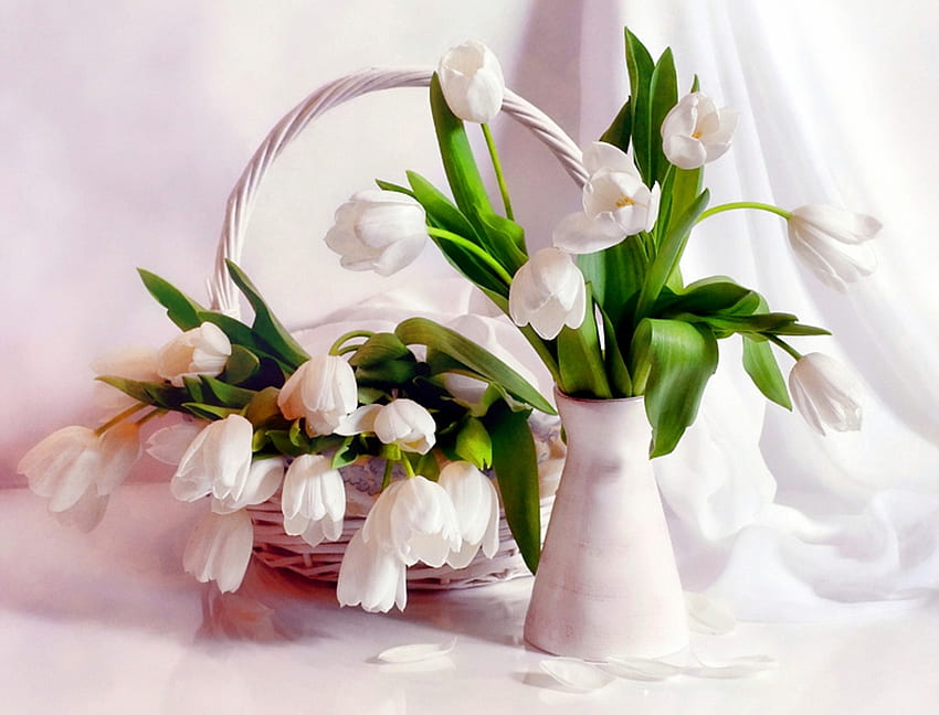 Flowers, Tulips, Petals, Vase, Basket, Tenderness HD wallpaper