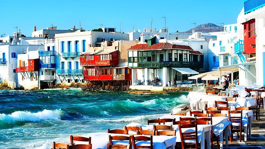 Houses: Restaurant Seaside Greek Town City Waves Sea, Greece HD wallpaper