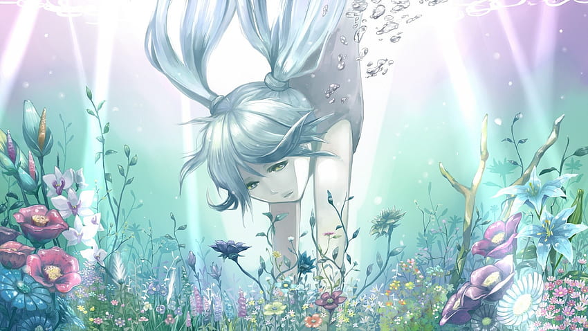 Anime Girls Aqua Hair Bangs Çıplak Omuzlar Mavi Baloncuklar Elbise Çiçekler Gri Yeşil Gözler Süsler Hatsune Miku Uzun Doğa Bitkiler Twintails Sualtı ... HD duvar kağıdı