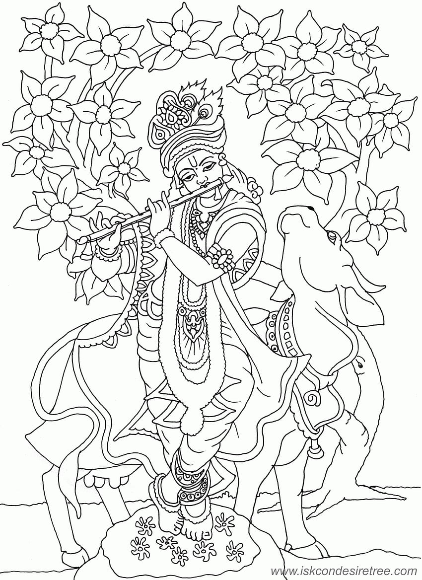 Premium Vector  Beautiful lord young teen gopala krishna playing flute  with cow lineart