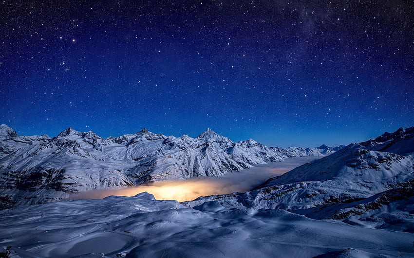 Swiss Alps, mist, morning, snow, landscape, stars HD wallpaper