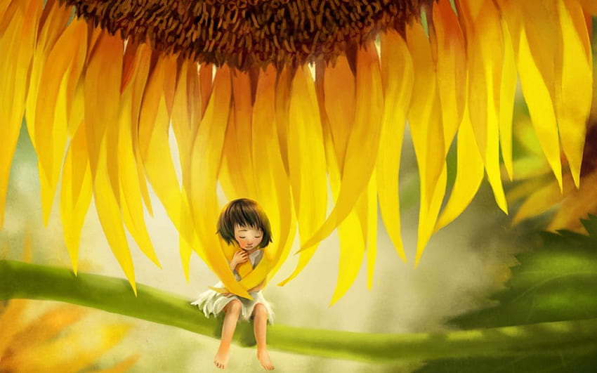 Anak bunga matahari, kelopak bunga, seni melani si, kuning, cantik, perempuan, bunga matahari, kecil Wallpaper HD