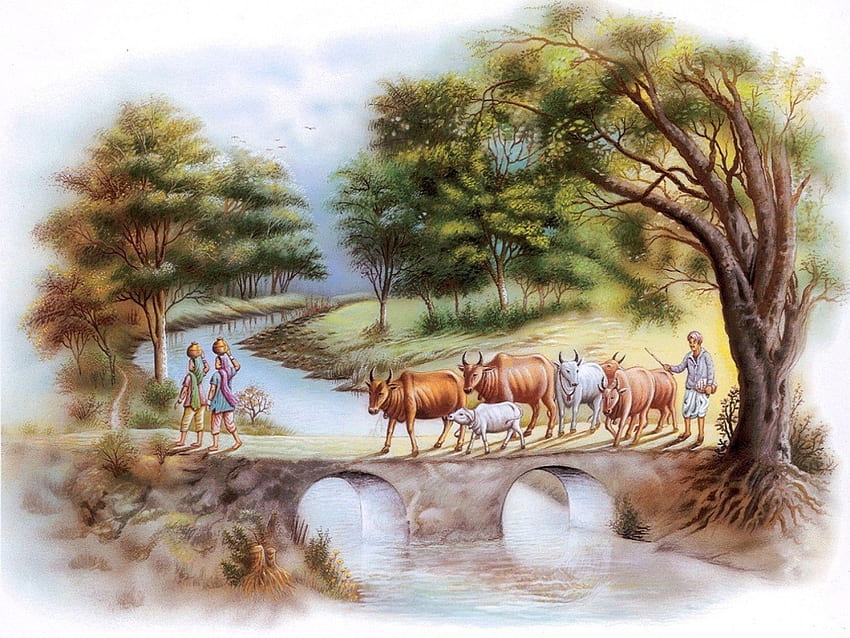 DIGITALE GEMÄLDE WALL ART PAPIER FARMER VILLAGE INDIA, Indische Malerei HD-Hintergrundbild