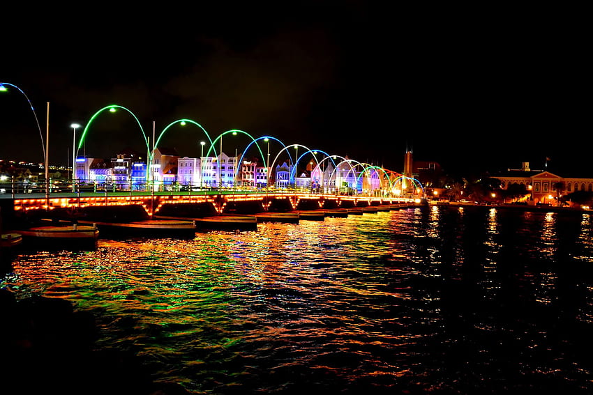 Netherlands Willemstad Curacao bridge Night Rivers HD wallpaper