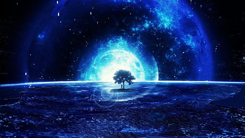 Anime Original Blue Tree Moon Girl Planet . Landscape , Digital , Landscape HD wallpaper