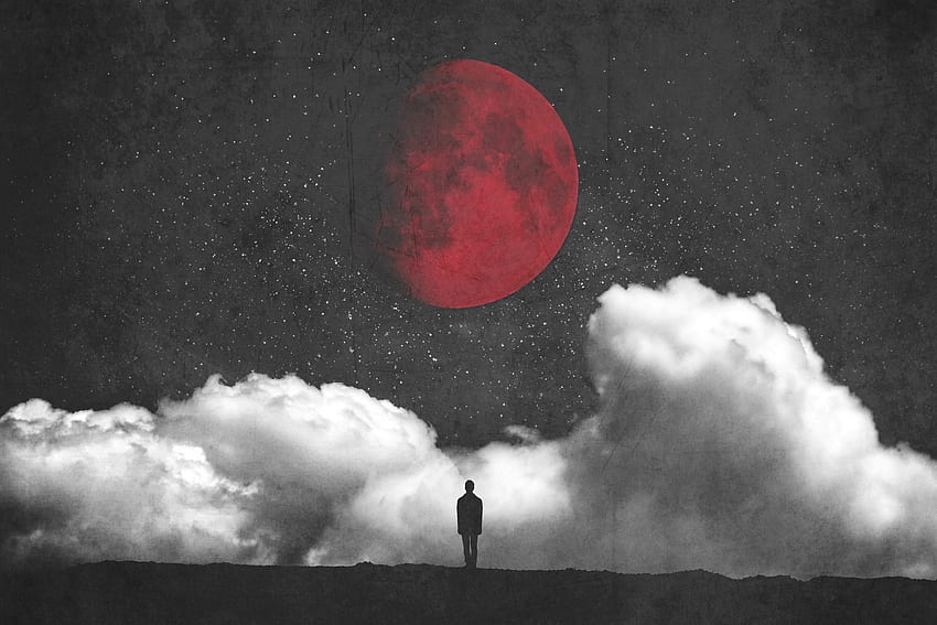 Hombre y luna roja, luna llena, nubes, fantasía, silueta. fondo de pantalla
