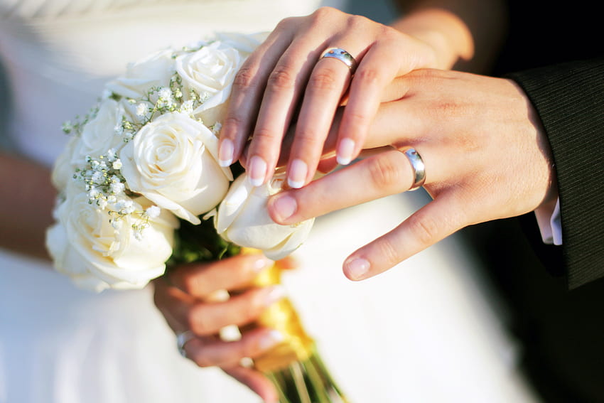 장미, 사랑, 결혼식, 반지, 꽃다발, 손 HD 월페이퍼