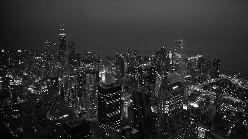 Stadt bei Nacht. Schwarz und Weiß, Schwarz-Weiß-Stadt, graue Ästhetik HD-Hintergrundbild
