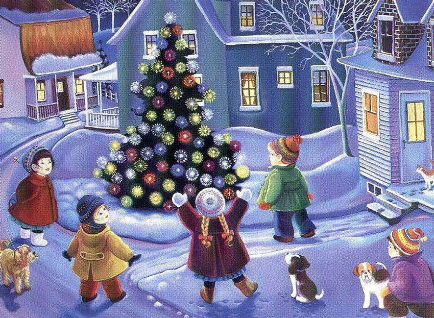 Kartka świąteczna, pies, dziewczyna, drzewo, wakacje, chłopiec, Boże Narodzenie, natura, dziecko, wieś Tapeta HD
