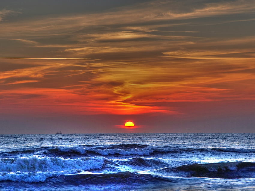 Nature, Sunset, Sky, Sea, Sun, Waves, Storm HD wallpaper
